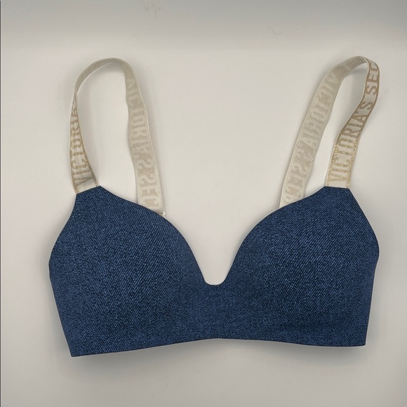 Victoria's Secret Other - Victoria’s Secret Wireless Lightly Lined T-Shirt Bra Logo Straps Blue Knit 34D